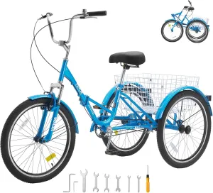 VEVOR Folding Adult Tricycle, Adult Folding Trikes, Carbon Steel 3 Wheel Tricycle with Large Basket & Adjustable Seat, Shopping Picnic Foldable Tricycles for Women, Men, Seniors