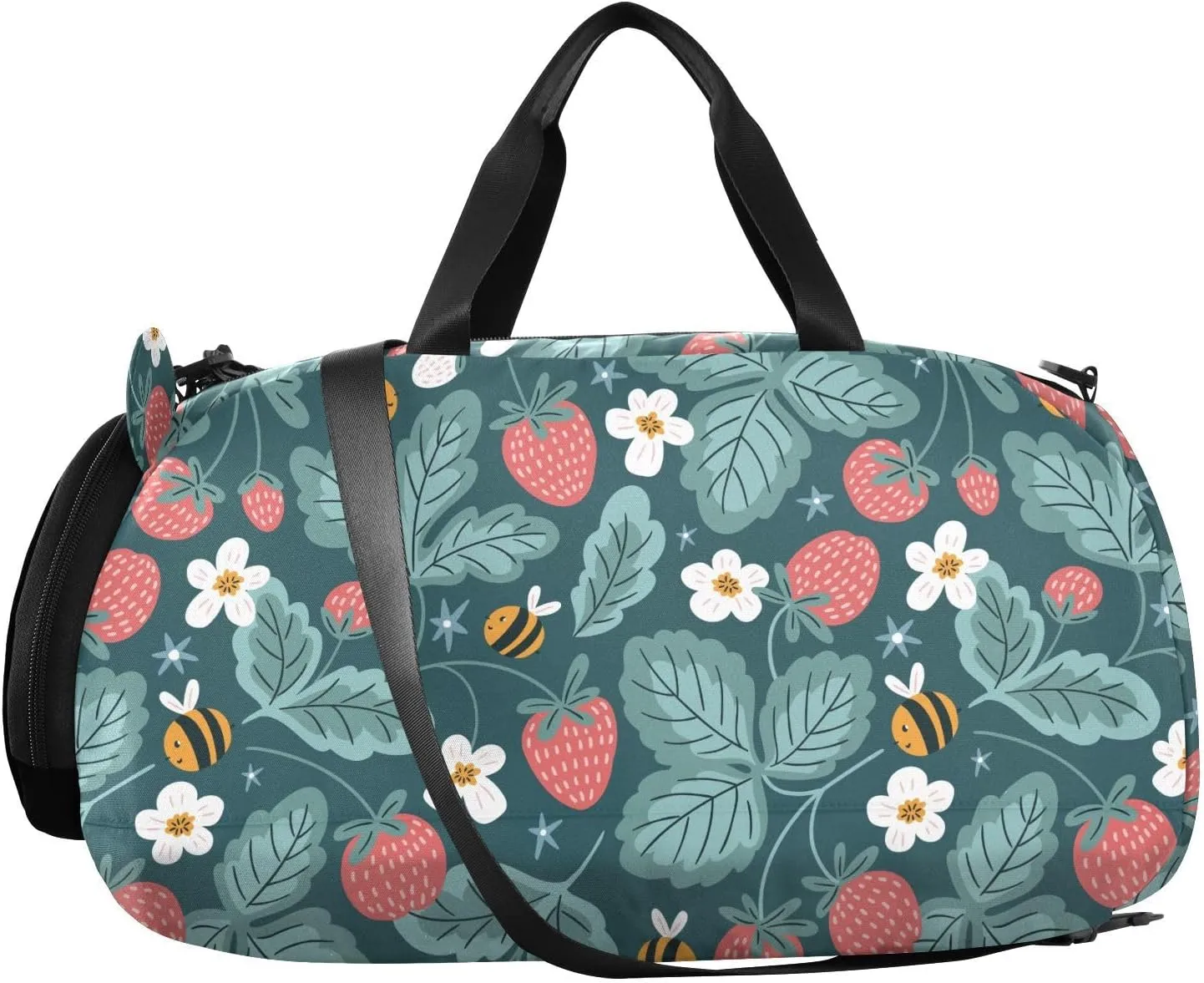 VIGTRO Bee Strawberry Pattern Kids Overnight Travel Duffel Bag Sport Gym Bag for Boys Girls with Shoe Compartment, Carry On Weekender Luggage Bag for Dance Swim Yoga