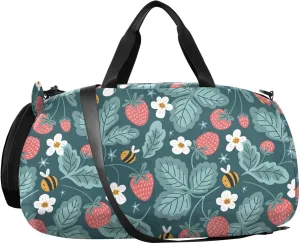 VIGTRO Bee Strawberry Pattern Kids Overnight Travel Duffel Bag Sport Gym Bag for Boys Girls with Shoe Compartment, Carry On Weekender Luggage Bag for Dance Swim Yoga