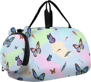 VIGTRO Colored Butterfly Kids Overnight Travel Duffel Bag Sport Gym Bag for Boys Girls with Shoe Compartment, Feathers Carry On Weekender Luggage Bag for Dance Swim Yoga