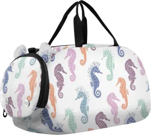 VIGTRO Colorful Seahorses White Background Kids Overnight Travel Duffel Bag Sport Gym Bag for Boys Girls with Shoe Compartment, Carry On Weekender Luggage Bag for Dance Swim Yoga