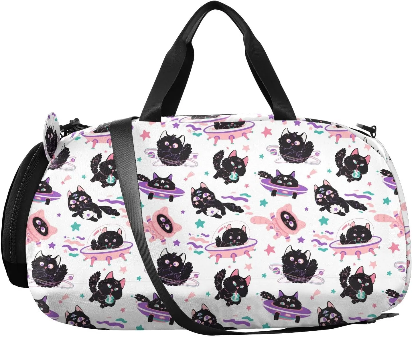 VIGTRO Cute Black Astronaut Cat Kids Overnight Travel Duffel Bag Sport Gym Bag for Boys Girls with Shoe Compartment, Carry On Weekender Luggage Bag for Dance Swim Yoga