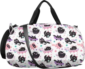 VIGTRO Cute Black Astronaut Cat Kids Overnight Travel Duffel Bag Sport Gym Bag for Boys Girls with Shoe Compartment, Carry On Weekender Luggage Bag for Dance Swim Yoga