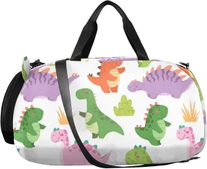 VIGTRO Cute Cartoon Colorful Dinosaurs Kids Overnight Travel Duffel Bag Sport Gym Bag for Boys Girls with Shoe Compartment, Carry On Weekender Luggage Bag for Dance Swim Yoga