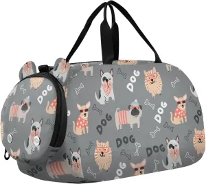 VIGTRO Cute Dog Pug Bulldog Kids Overnight Travel Duffel Bag Sport Gym Bag for Boys Girls with Shoe Compartment, Carry On Weekender Luggage Bag for Dance Swim Yoga