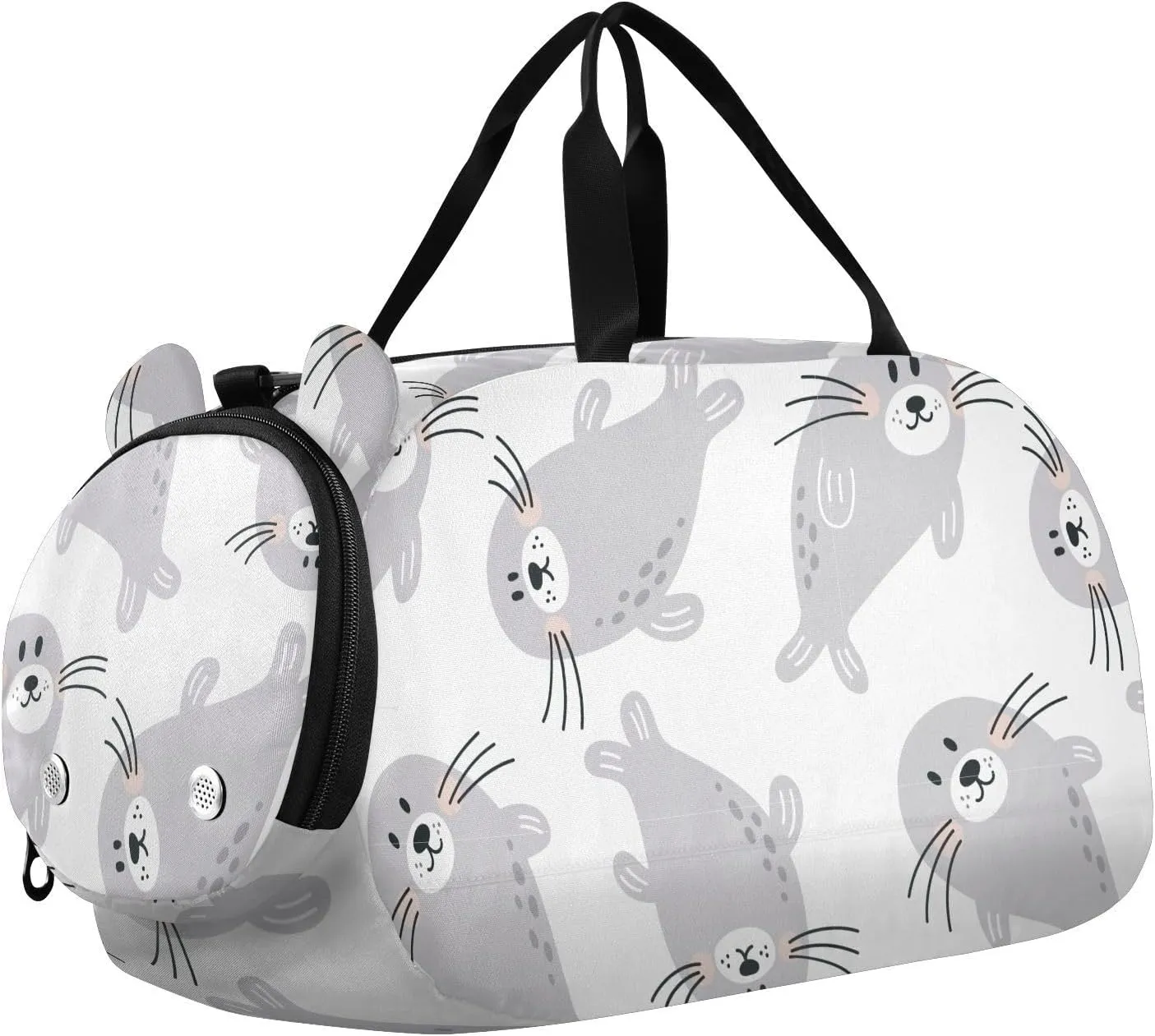 VIGTRO Cute Grey Summer Seal Kids Overnight Travel Duffel Bag Sport Gym Bag for Boys Girls with Shoe Compartment, Carry On Weekender Luggage Bag for Dance Swim Yoga