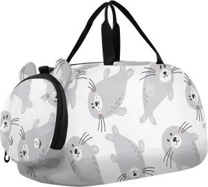 VIGTRO Cute Grey Summer Seal Kids Overnight Travel Duffel Bag Sport Gym Bag for Boys Girls with Shoe Compartment, Carry On Weekender Luggage Bag for Dance Swim Yoga