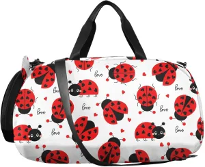 VIGTRO Cute Lady Bug Love Pattern Kids Overnight Travel Duffel Bag Sport Gym Bag for Boys Girls with Shoe Compartment, Carry On Weekender Luggage Bag for Dance Swim Yoga