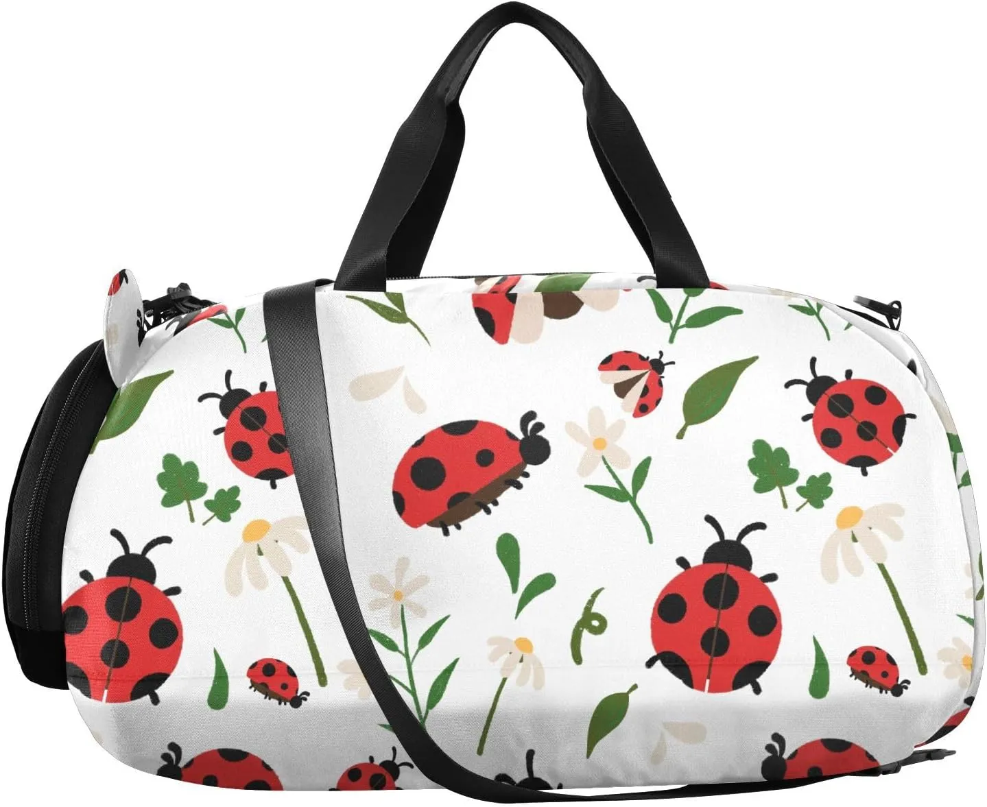 VIGTRO Cute Ladybug with Plants Kids Overnight Travel Duffel Bag Sport Gym Bag for Boys Girls with Shoe Compartment, Carry On Weekender Luggage Bag for Dance Swim Yoga