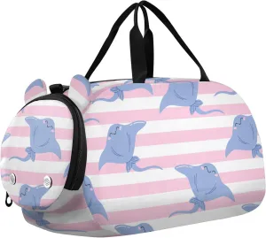 VIGTRO Cute Sea Stingray Kids Overnight Travel Duffel Bag Sport Gym Bag for Boys Girls with Shoe Compartment, Pink Stripes Carry On Weekender Luggage Bag for Dance Swim Yoga