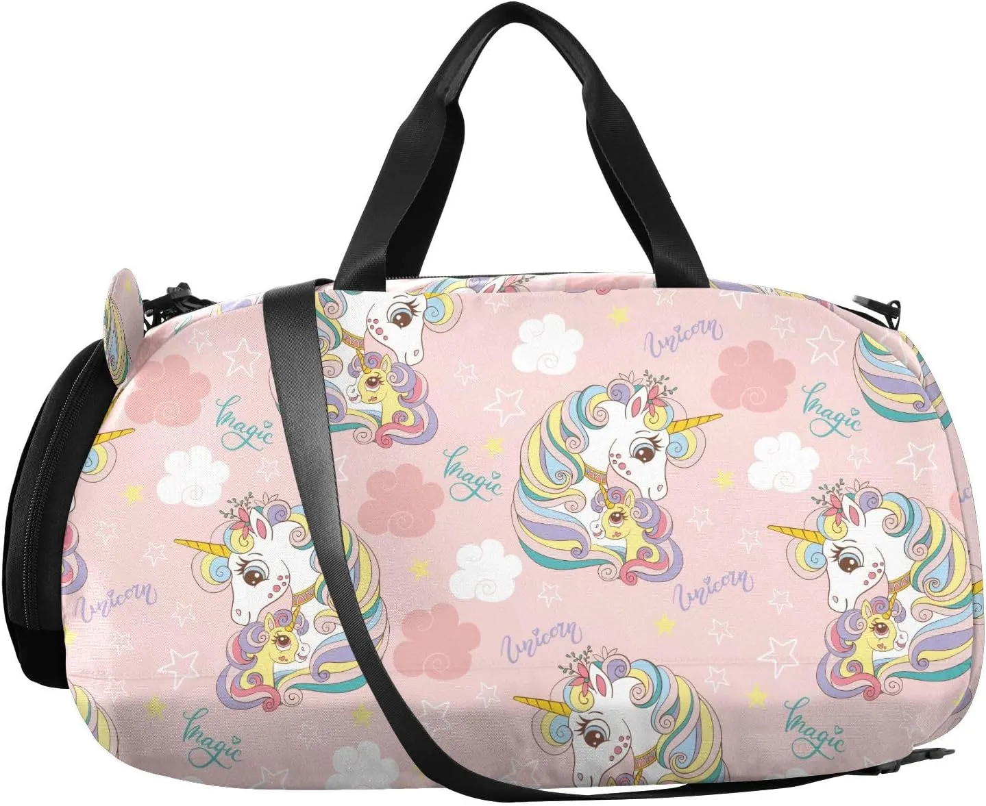 VIGTRO Cute Unicorns Magic Cloud Kids Overnight Travel Duffel Bag Sport Gym Bag for Boys Girls with Shoe Compartment, Carry On Weekender Luggage Bag for Dance Swim Yoga