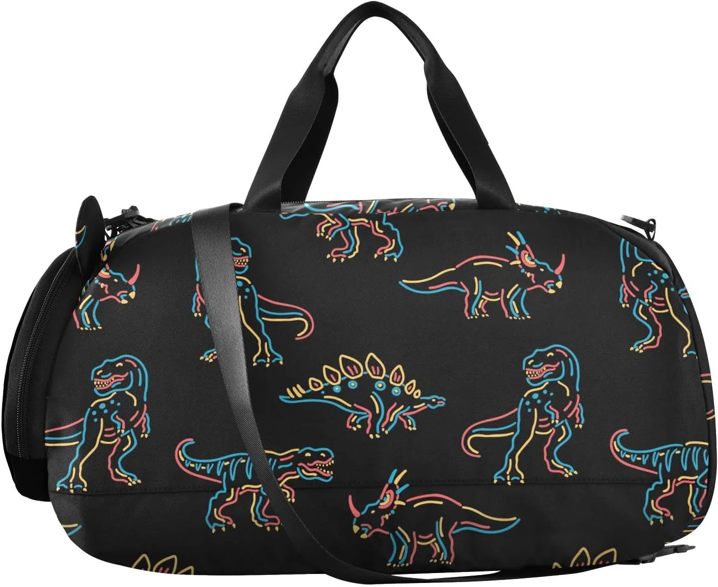VIGTRO Dinosaurs Cartoon Neon Colors Kids Overnight Travel Duffel Bag Sport Gym Bag for Boys Girls with Shoe Compartment, Carry On Weekender Luggage Bag for Dance Swim Yoga