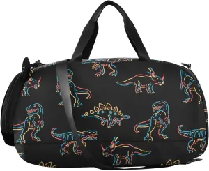 VIGTRO Dinosaurs Cartoon Neon Colors Kids Overnight Travel Duffel Bag Sport Gym Bag for Boys Girls with Shoe Compartment, Carry On Weekender Luggage Bag for Dance Swim Yoga