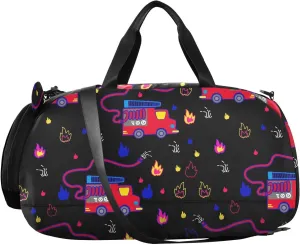 VIGTRO Fire Truck and Fire Kids Overnight Travel Duffel Bag Sport Gym Bag for Boys Girls with Shoe Compartment, Carry On Weekender Luggage Bag for Dance Swim Yoga