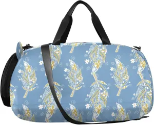 VIGTRO Flowers Feathers Pattern Kids Overnight Travel Duffel Bag Sport Gym Bag for Boys Girls with Shoe Compartment, Carry On Weekender Luggage Bag for Dance Swim Yoga