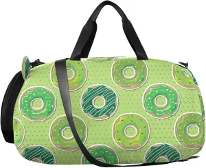 VIGTRO Green Donuts Kids Overnight Travel Duffel Bag Sport Gym Bag for Boys Girls with Shoe Compartment, Dot Carry On Weekender Luggage Bag for Dance Swim Yoga