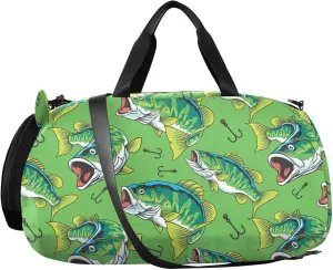 VIGTRO Green Tuna Fish and Bait Kids Overnight Travel Duffel Bag Sport Gym Bag for Boys Girls with Shoe Compartment, Carry On Weekender Luggage Bag for Dance Swim Yoga