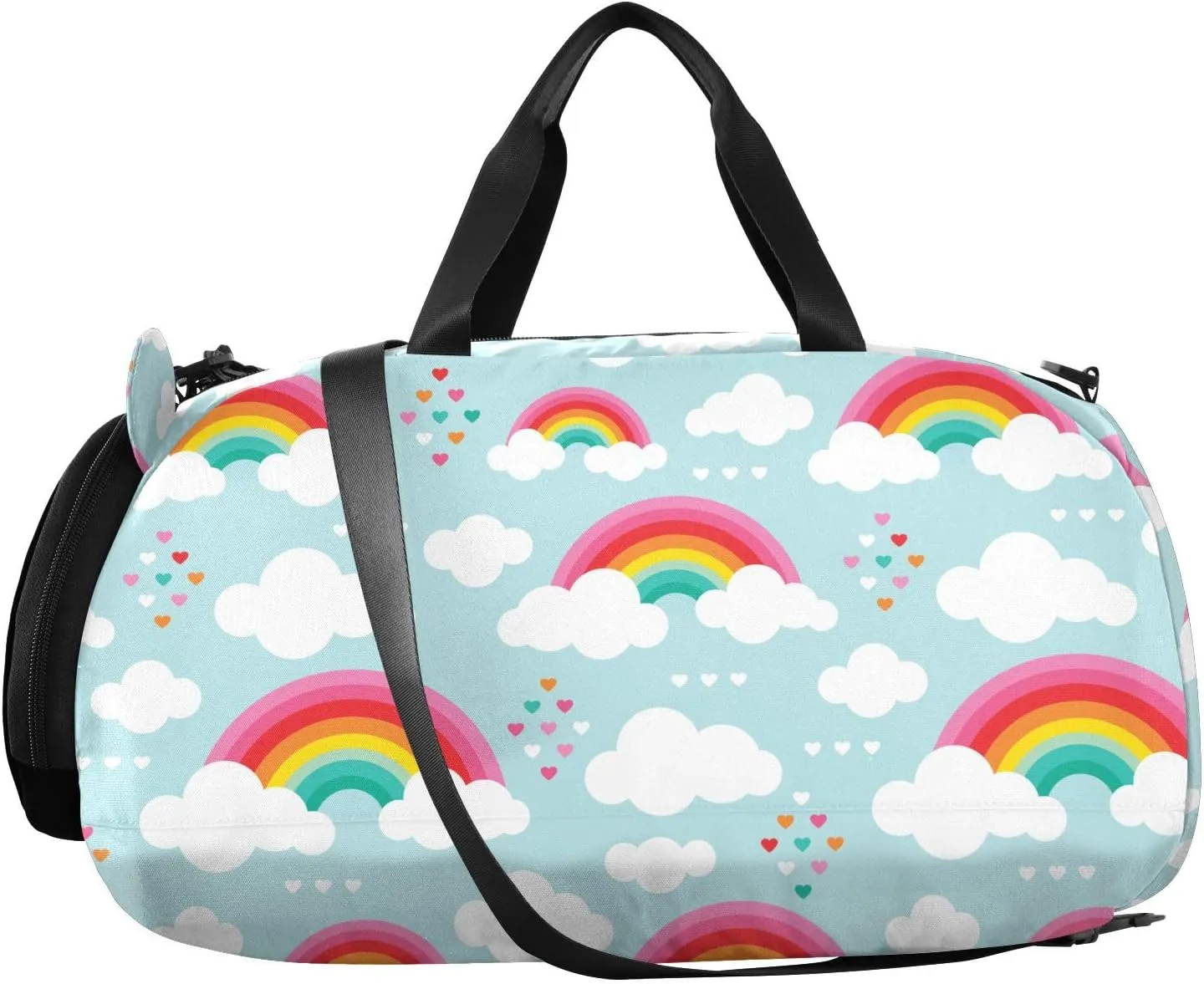 VIGTRO Rainbow Cloud Sky with Heart Kids Overnight Travel Duffel Bag Sport Gym Bag for Boys Girls with Shoe Compartment, Carry On Weekender Luggage Bag for Dance Swim Yoga
