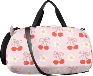 VIGTRO Red Cherry Bow Daisy Flower Kids Overnight Travel Duffel Bag Sport Gym Bag for Boys Girls with Shoe Compartment, Retro Carry On Weekender Luggage Bag for Dance Swim Yoga