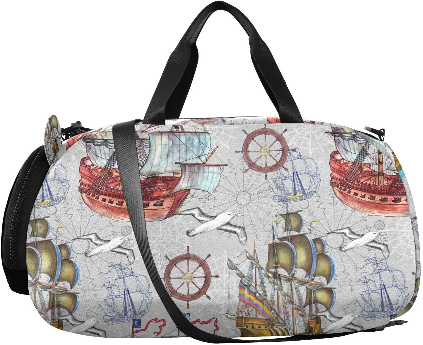 VIGTRO Sailing Ships Marine Symbols Gulls Kids Overnight Travel Duffel Bag Sport Gym Bag for Boys Girls with Shoe Compartment, Carry On Weekender Luggage Bag for Dance Swim Yoga