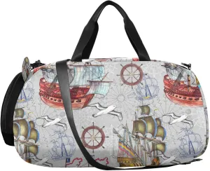 VIGTRO Sailing Ships Marine Symbols Gulls Kids Overnight Travel Duffel Bag Sport Gym Bag for Boys Girls with Shoe Compartment, Carry On Weekender Luggage Bag for Dance Swim Yoga