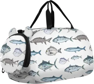 VIGTRO Sketch Fish Pattern Kids Overnight Travel Duffel Bag Sport Gym Bag for Boys Girls with Shoe Compartment, Carry On Weekender Luggage Bag for Dance Swim Yoga