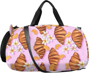 VIGTRO Sweet Croissant Boys Girls Sports Travel Duffel Bags with Shoes Compartment, Weekender Overnight Gym Bag for Swimming, Dancing, Outing
