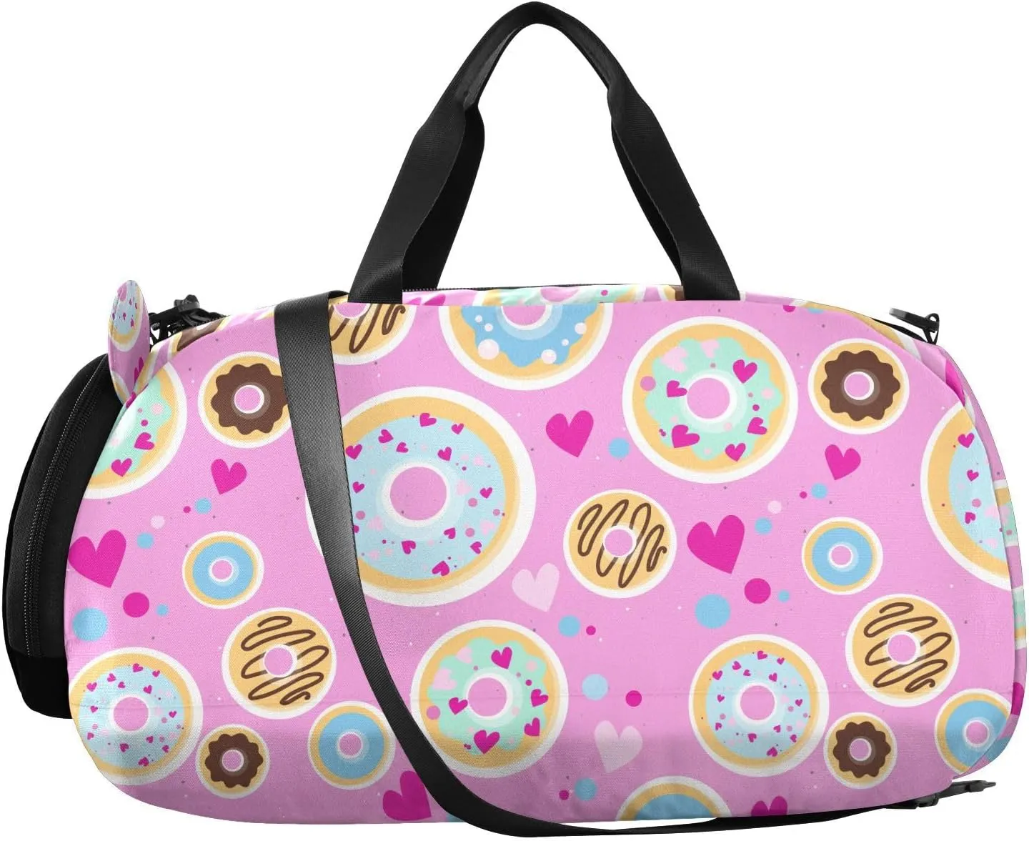 VIGTRO Sweet Donuts Boys Girls Sports Travel Duffel Bags with Shoes Compartment, Weekender Overnight Gym Bag for Swimming, Dancing, Outing