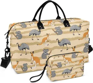 VIGTRO Travel Duffel Bag Weekender Overnight Bag with Toiletry Bag Australia Animals Printed, Carry On Luggage Bag Koala Kangaroo for Hospital Gym Travel Business, 2 Pcs Set
