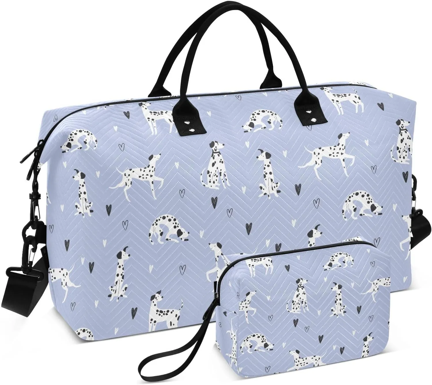 VIGTRO Travel Duffel Bag Weekender Overnight Bag with Toiletry Bag Cartoon Dalmatian Dogs Printed, Carry On Luggage Bag Funny Pattern for Hospital Gym Travel Business, 2 Pcs Set