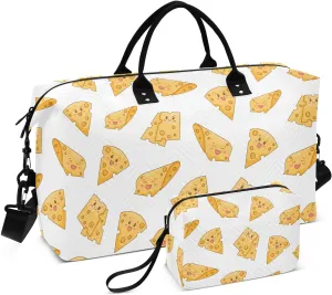 VIGTRO Travel Duffel Bag Weekender Overnight Bag with Toiletry Bag Cute Cheese Funny Food Printed, Carry On Luggage Bag for Hospital Gym Travel Business, 2 Pcs Set