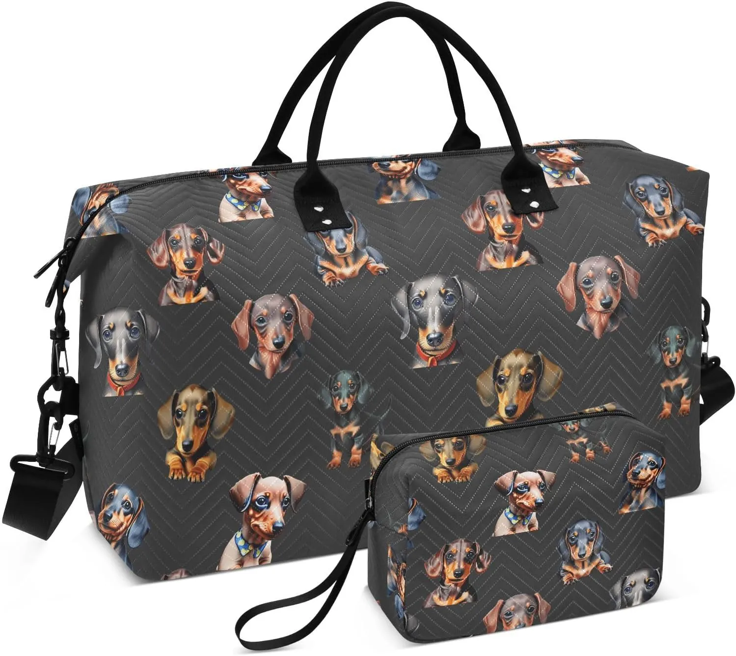 VIGTRO Travel Duffel Bag Weekender Overnight Bag with Toiletry Bag Cute Dachshunds Printed, Carry On Luggage Bag Dog for Hospital Gym Travel Business, 2 Pcs Set