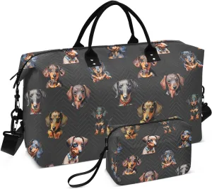 VIGTRO Travel Duffel Bag Weekender Overnight Bag with Toiletry Bag Cute Dachshunds Printed, Carry On Luggage Bag Dog for Hospital Gym Travel Business, 2 Pcs Set