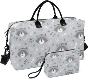 VIGTRO Travel Duffel Bag Weekender Overnight Bag with Toiletry Bag Cute Raccoon Pattern Printed, Carry On Luggage Bag Hand Drawn for Hospital Gym Travel Business, 2 Pcs Set