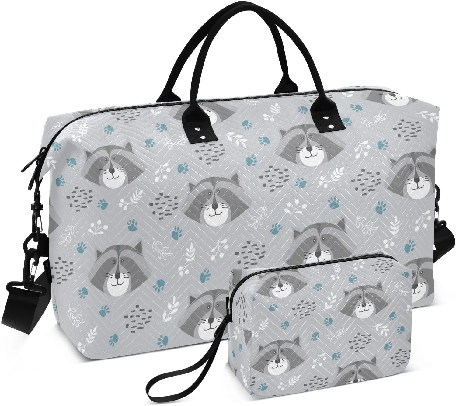 VIGTRO Travel Duffel Bag Weekender Overnight Bag with Toiletry Bag Cute Raccoon Pattern Printed, Carry On Luggage Bag Hand Drawn for Hospital Gym Travel Business, 2 Pcs Set