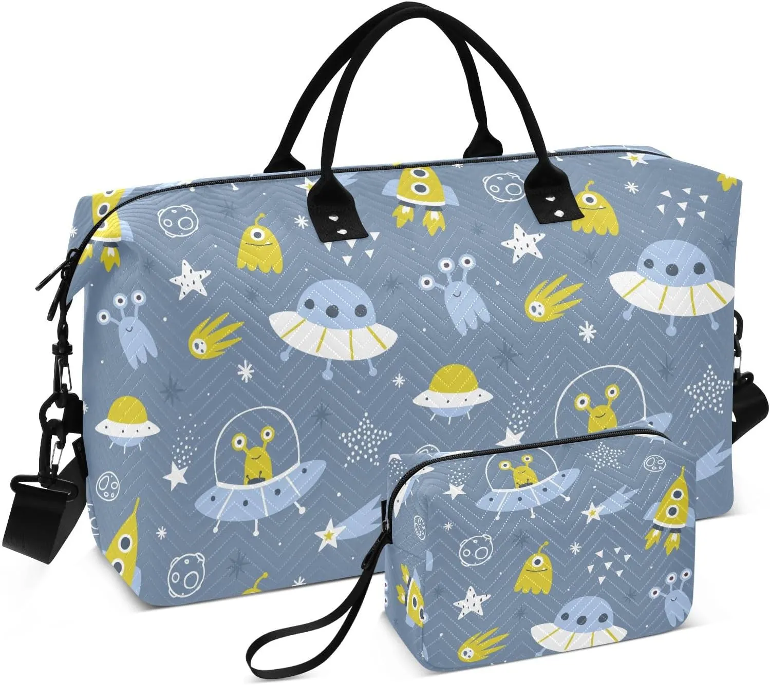 VIGTRO Travel Duffel Bag Weekender Overnight Bag with Toiletry Bag Cute Space Aliens Spaceships Printed, Carry On Luggage Bag for Hospital Gym Travel Business, 2 Pcs Set