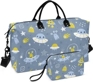VIGTRO Travel Duffel Bag Weekender Overnight Bag with Toiletry Bag Cute Space Aliens Spaceships Printed, Carry On Luggage Bag for Hospital Gym Travel Business, 2 Pcs Set