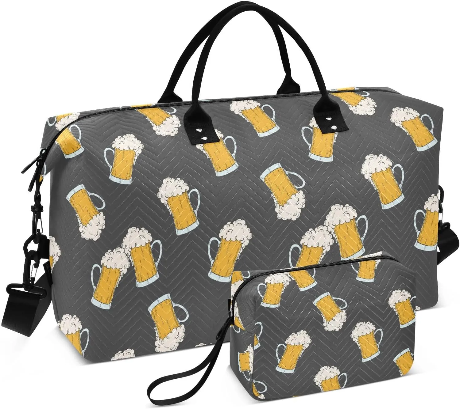 VIGTRO Travel Duffel Bag Weekender Overnight Bag with Toiletry Bag Glasses Of Beer Sketch Printed, Carry On Luggage Bag for Hospital Gym Travel Business, 2 Pcs Set