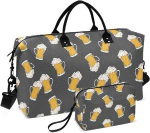 VIGTRO Travel Duffel Bag Weekender Overnight Bag with Toiletry Bag Glasses Of Beer Sketch Printed, Carry On Luggage Bag for Hospital Gym Travel Business, 2 Pcs Set