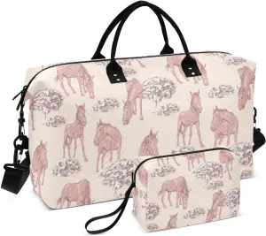 VIGTRO Travel Duffel Bag Weekender Overnight Bag with Toiletry Bag Horse Printed, Carry On Luggage Bag Western for Hospital Gym Travel Business, 2 Pcs Set