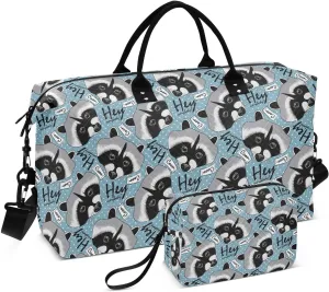 VIGTRO Travel Duffel Bag Weekender Overnight Bag with Toiletry Bag Raccoon and Text Printed, Carry On Luggage Bag for Hospital Gym Travel Business, 2 Pcs Set