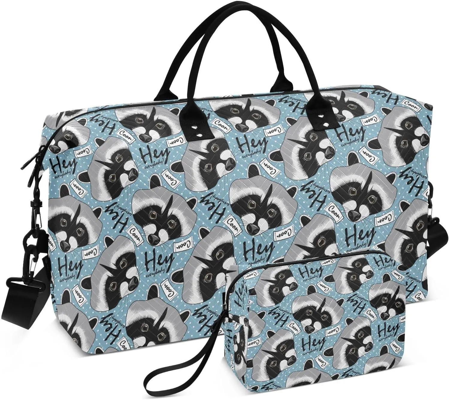 VIGTRO Travel Duffel Bag Weekender Overnight Bag with Toiletry Bag Raccoon and Text Printed, Carry On Luggage Bag for Hospital Gym Travel Business, 2 Pcs Set