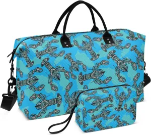 VIGTRO Travel Duffel Bag Weekender Overnight Bag with Toiletry Bag Seafood Lobster Blue Background Printed, Carry On Luggage Bag for Hospital Gym Travel Business, 2 Pcs Set