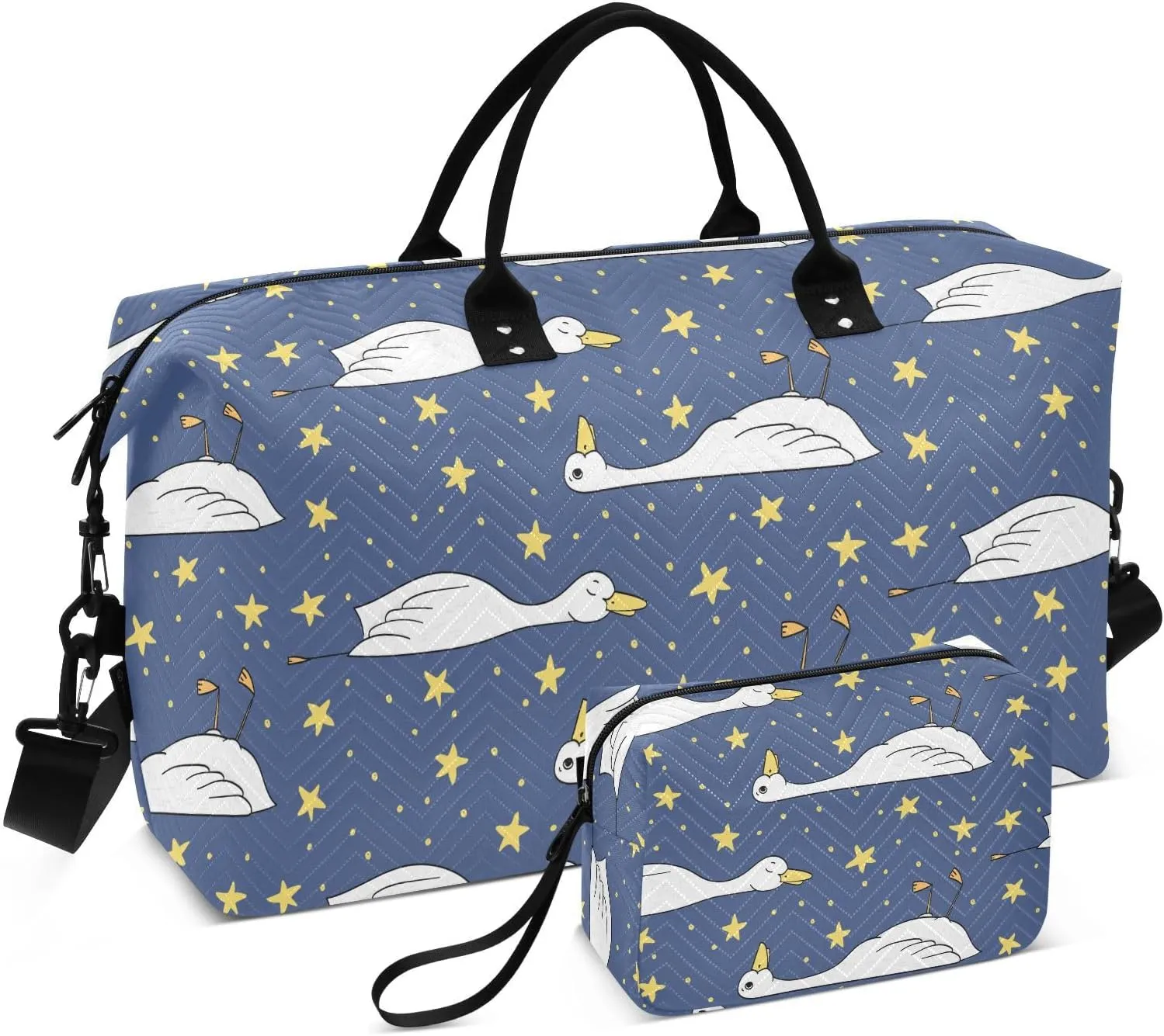 VIGTRO Travel Duffel Bag Weekender Overnight Bag with Toiletry Bag Sleepy Cute Duck Stars Printed, Carry On Luggage Bag for Hospital Gym Travel Business, 2 Pcs Set