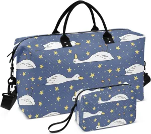 VIGTRO Travel Duffel Bag Weekender Overnight Bag with Toiletry Bag Sleepy Cute Duck Stars Printed, Carry On Luggage Bag for Hospital Gym Travel Business, 2 Pcs Set