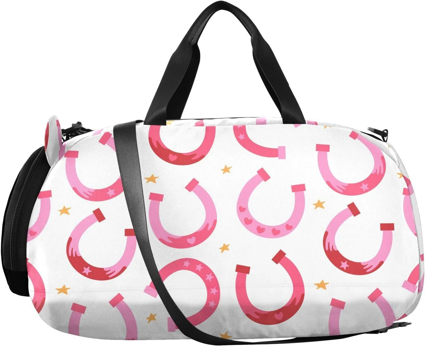 VIGTRO Ute Pink Horseshoes Boys Girls Sports Travel Duffel Bags with Shoes Compartment, Weekender Overnight Gym Bag for Swimming, Dancing, Outing