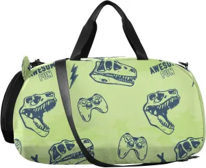 VIGTRO Video Game Dinosaurs Kids Overnight Travel Duffel Bag Sport Gym Bag for Boys Girls with Shoe Compartment, Carry On Weekender Luggage Bag for Dance Swim Yoga
