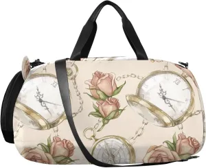 VIGTRO Vintage Watches Gold Chains Roses Kids Overnight Travel Duffel Bag Sport Gym Bag for Boys Girls with Shoe Compartment, Carry On Weekender Luggage Bag for Dance Swim Yoga