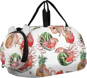 VIGTRO Watercolor Squid Octopus Kids Overnight Travel Duffel Bag Sport Gym Bag for Boys Girls with Shoe Compartment, Carry On Weekender Luggage Bag for Dance Swim Yoga