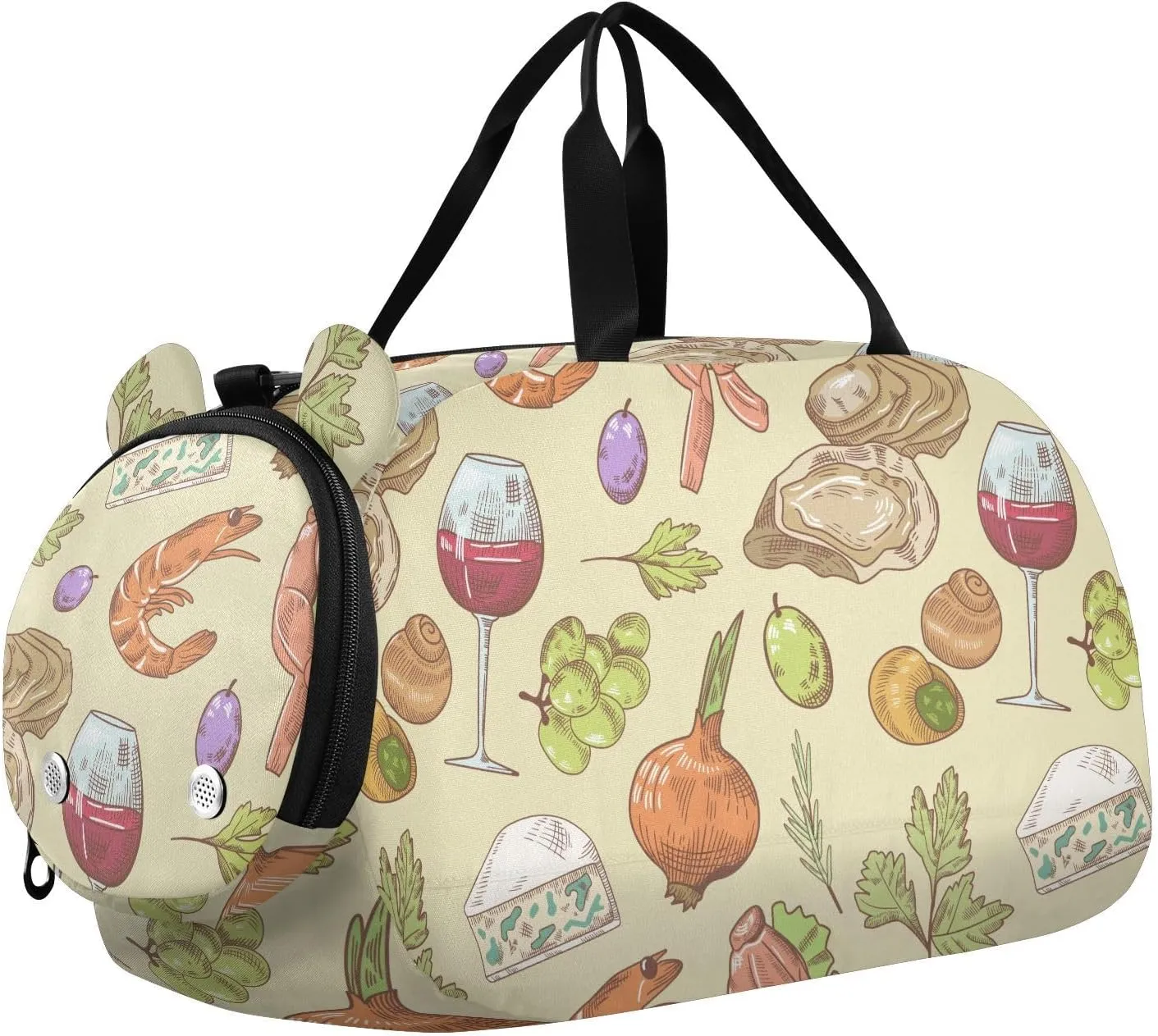 VIGTRO Wine Seafood and Cheese Kids Overnight Travel Duffel Bag Sport Gym Bag for Boys Girls with Shoe Compartment, Food Carry On Weekender Luggage Bag for Dance Swim Yoga